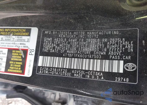 2012 Toyota Camry Se Limited Edition из США, поврежденный, VIN 4T1BF1FK6CU187503